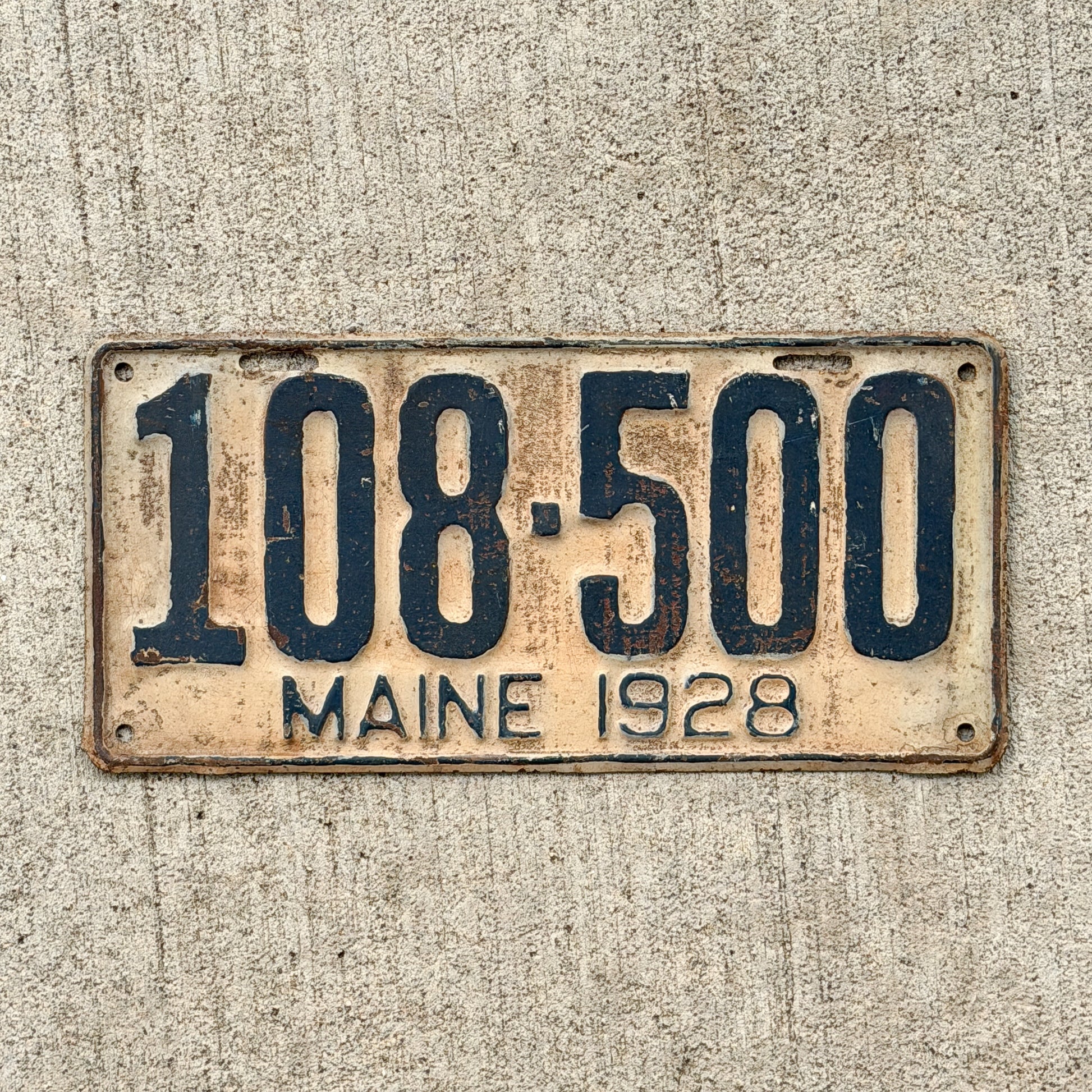 Photo of a 1928 Maine License Plate Auto Tag Garage Decor Vintage 108 500 with original patina