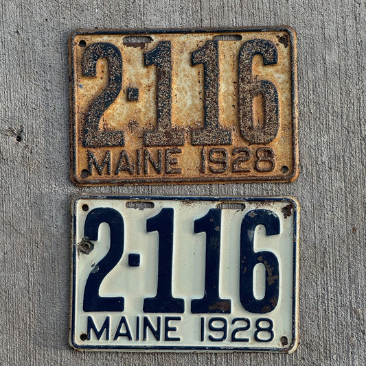Photo of a 1928 Maine License Plate Auto Tag Garage Decor Vintage Ford Model A Year Low Number Four Digit 2116 with original patina