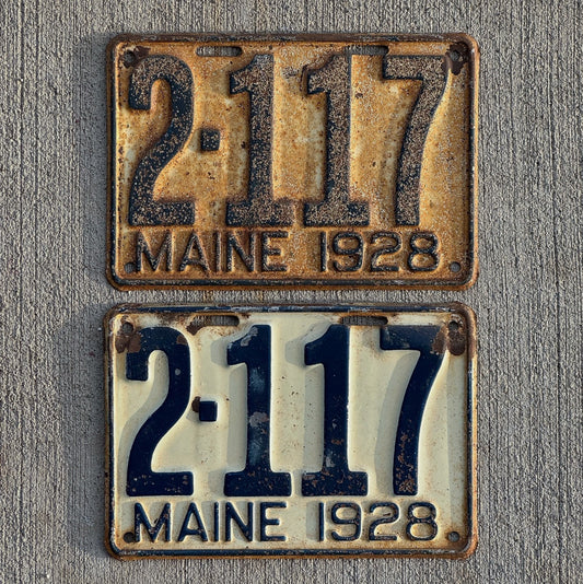 Photo of a 1928 Maine License Plate Auto Tag Garage Decor Vintage Ford Model A Year Low Number Four Digit 2117 with original patina