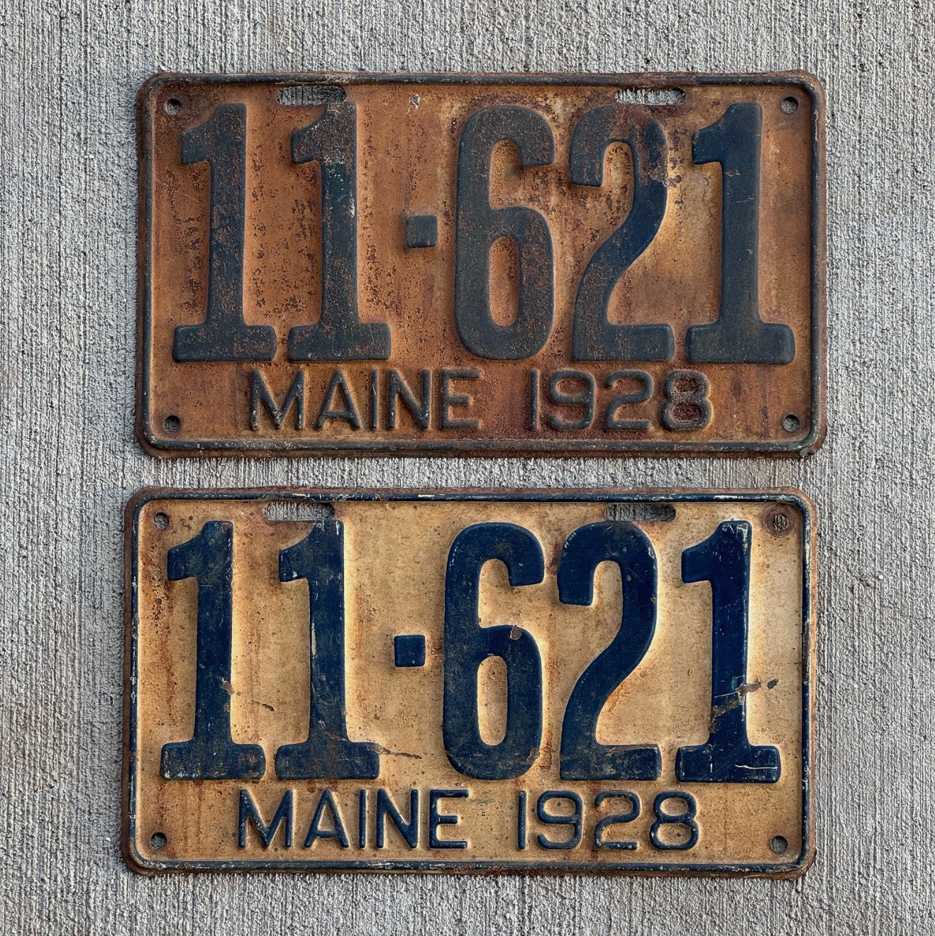 Photo of a 1928 Maine License Plate Pair Auto Tag Garage Decor Vintage Ford Model A Year 11 621 with original patina