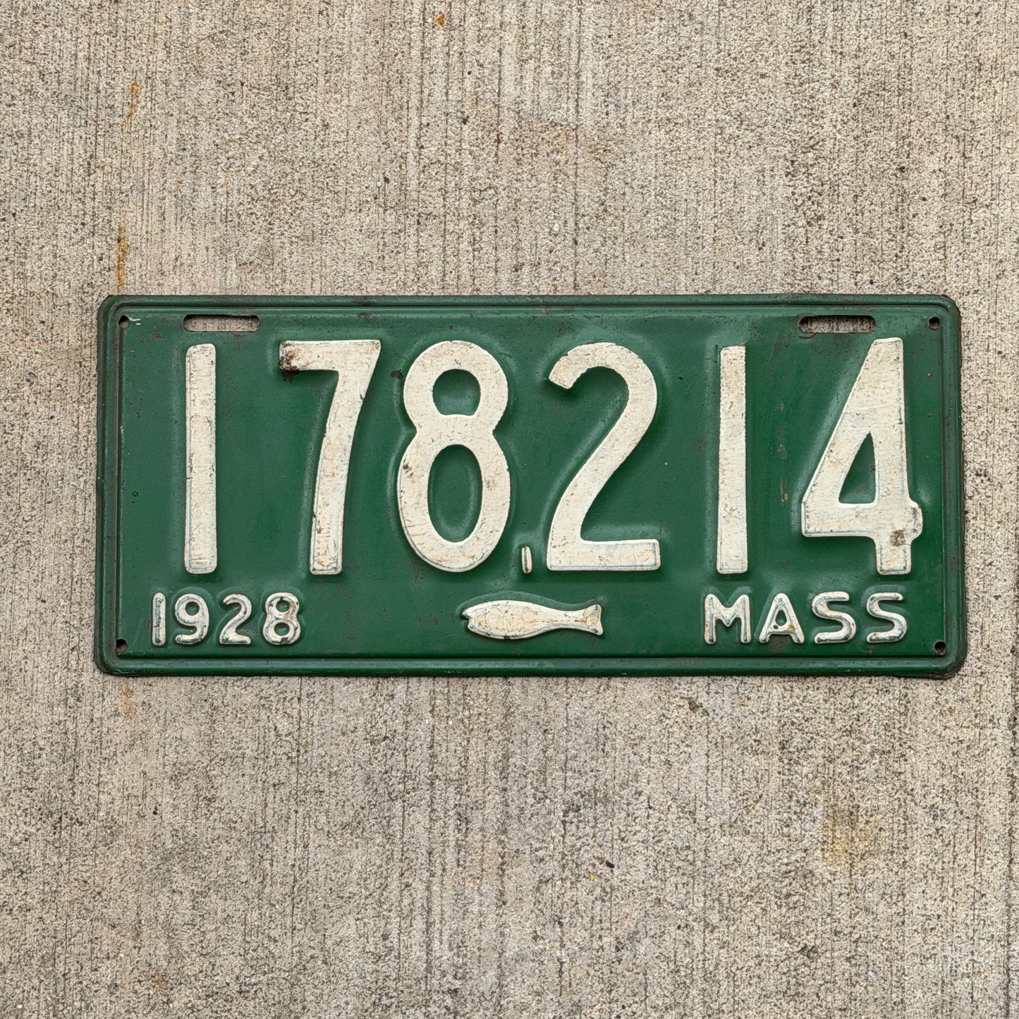 Photo of a 1928 Massachusetts License Plate Auto Tag Garage Decor Vintage Iconic Cod Fish 178214 with original patina