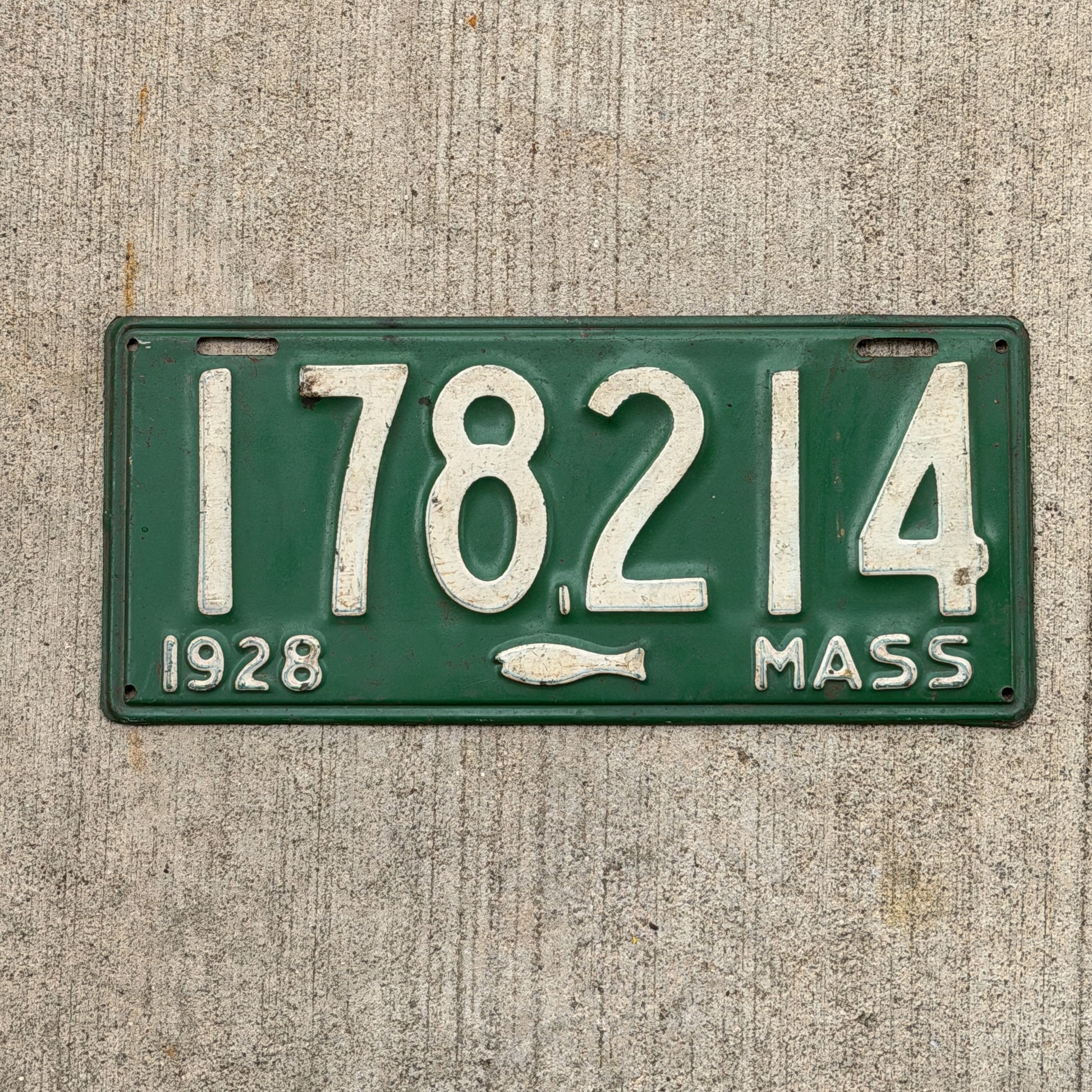 Photo of a 1928 Massachusetts License Plate Auto Tag Garage Decor Vintage Iconic Cod Fish 178214 with original patina
