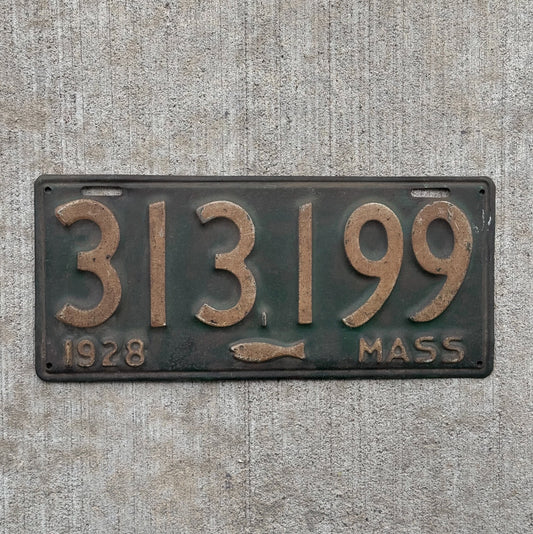 Photo of a 1928 Massachusetts License Plate Auto Tag Garage Decor Vintage Iconic Cod Fish 313199 with original patina