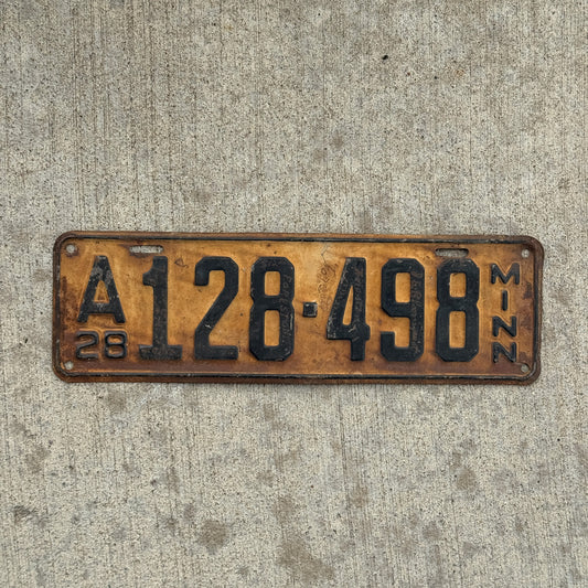Photo of a 1928 Minnesota License Plate Auto Tag Garage Decor Vintage Ford Model A Year A 128 498 with original patina