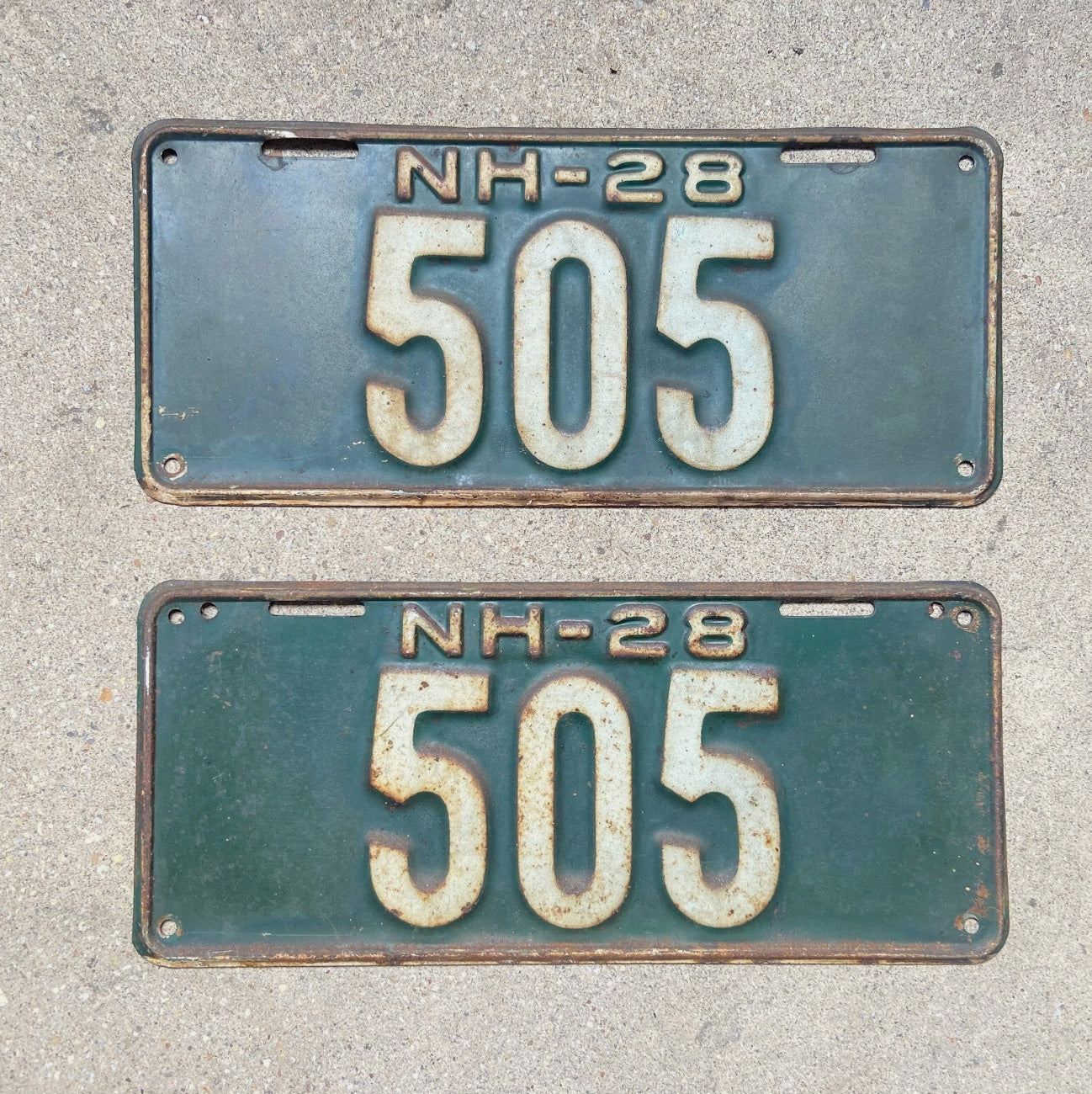Photo of a 1928 New Hampshire License Plate Pair Auto Tag Garage Decor Vintage Low Number Three Digit 505 with original patina