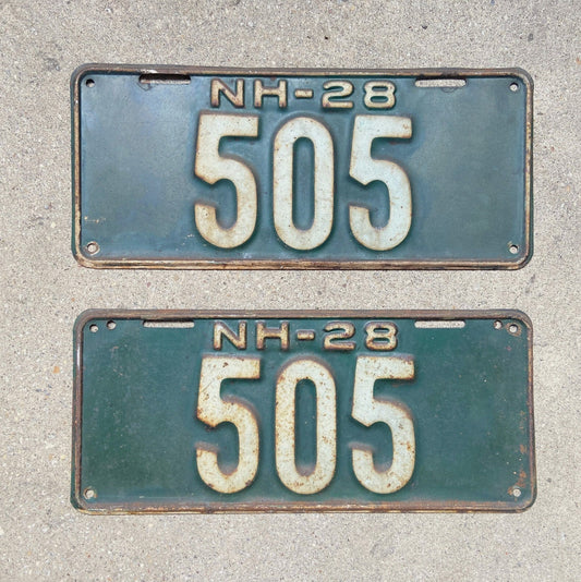 Photo of a 1928 New Hampshire License Plate Pair Auto Tag Garage Decor Vintage Low Number Three Digit 505 with original patina