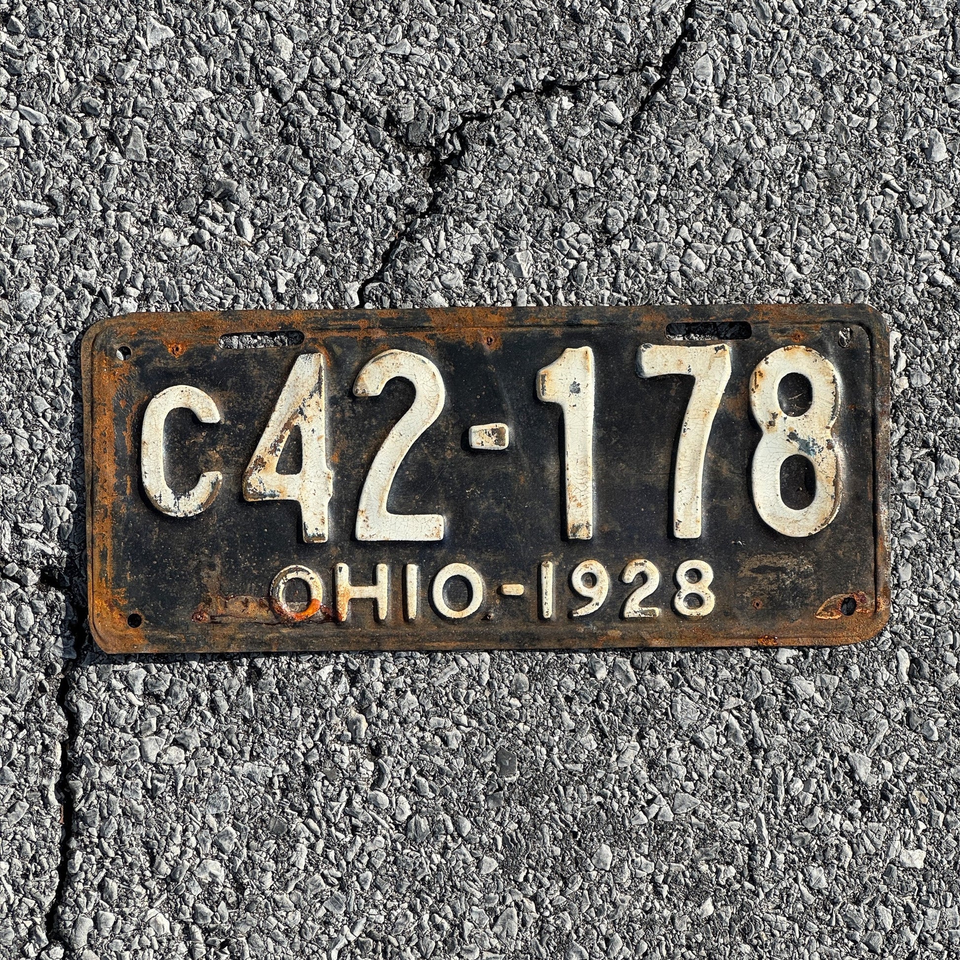 Photo of a 1928 Ohio License Plate Auto Tag Garage Decor Vintage Overflow Series C Prefix C 42 178