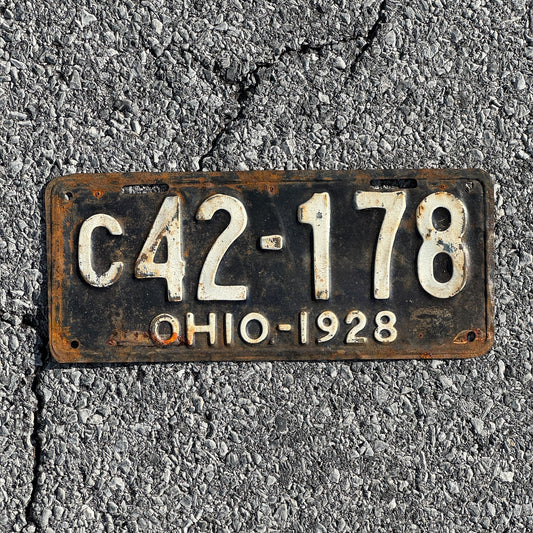 Photo of a 1928 Ohio License Plate Auto Tag Garage Decor Vintage Overflow Series C Prefix C 42 178