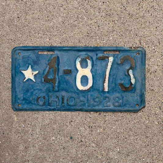 Photo of a 1928 Ohio License Plate Auto Tag Garage Decor Vintage Overflow Star Final Year 4 873 with original patina