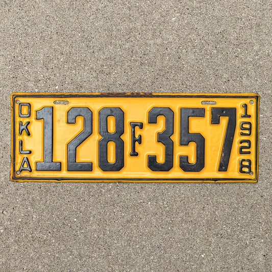 Photo of a 1928 Oklahoma License Plate Auto Tag Garage Decor Vintage Ford Registration 128 F 357 with original patina