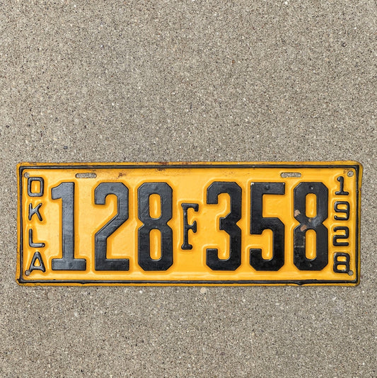 Photo of a 1928 Oklahoma License Plate Auto Tag Garage Decor Vintage Ford Registration 128 F 358 with original patina