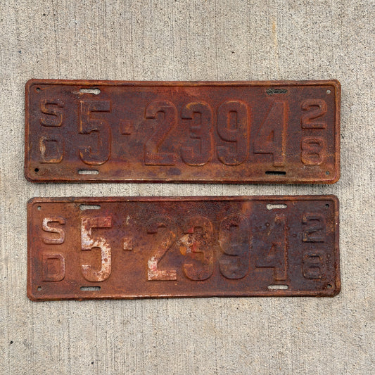 Photo of a 1928 South Dakota License Plate Pair Auto Tag Garage Decor Vintage Ford Model A Year 5 2394 with original patina