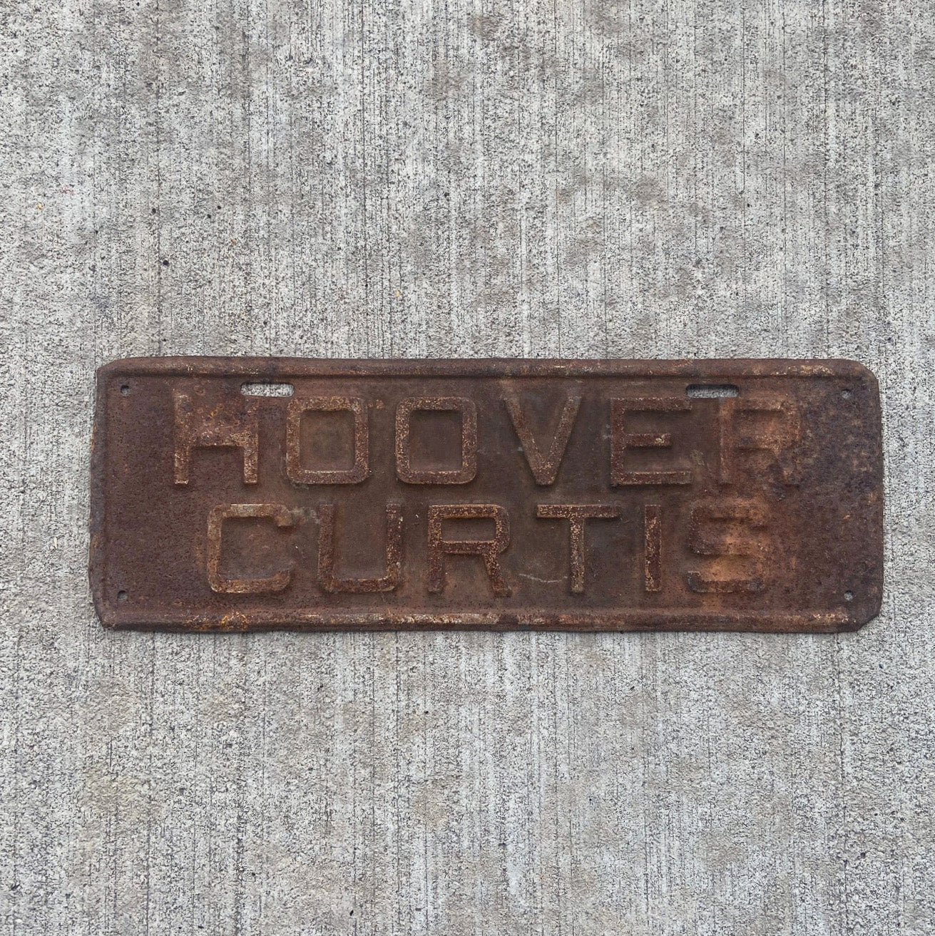 Photo of a 1929 1933 Hoover President License Plate Topper Auto Tag Garage Decor Vintage US Political Politics USA with original patina