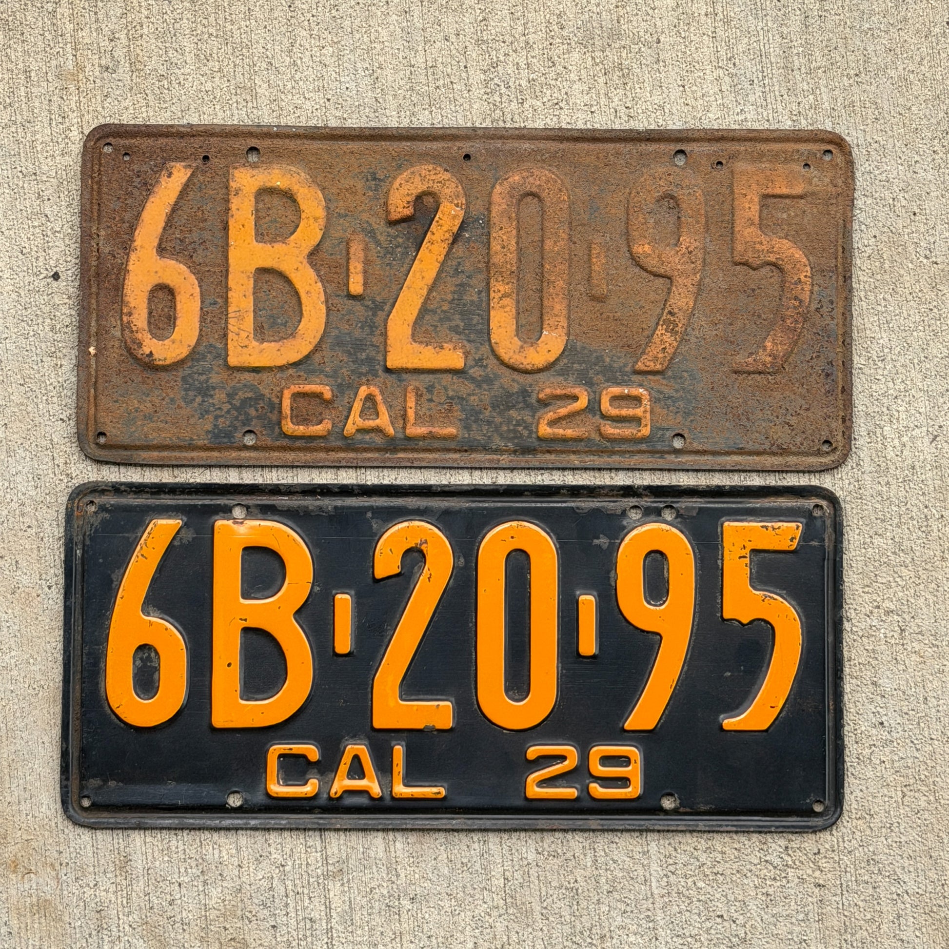 Photo of a 1929 California License Plate Pair Auto Tag Garage Decor Vintage YOM Number DMV Clear 6B 20 95 with original patina