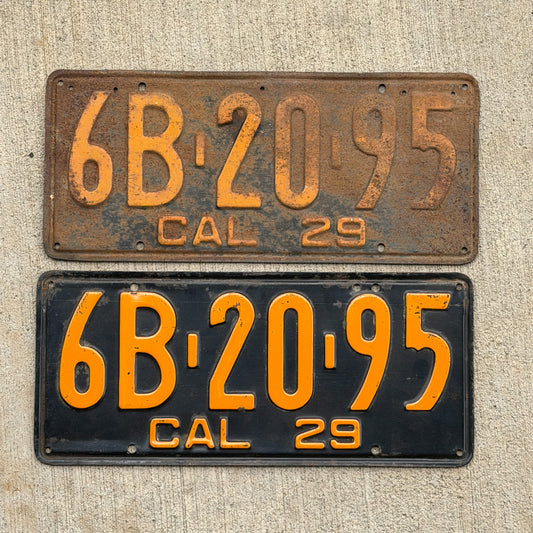 Photo of a 1929 California License Plate Pair Auto Tag Garage Decor Vintage YOM Number DMV Clear 6B 20 95 with original patina