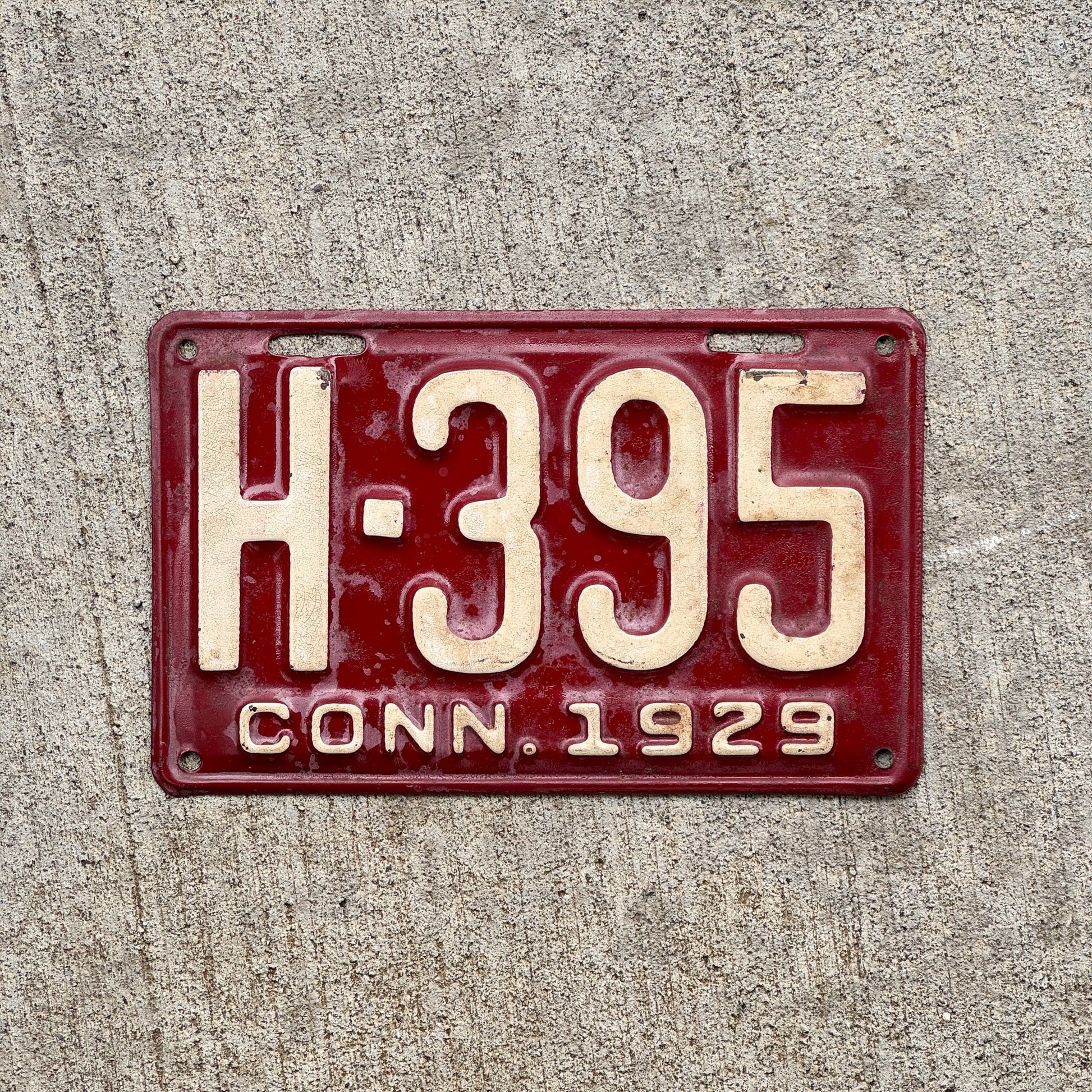 Photo of a 1929 Connecticut License Plate Auto Tag Garage Decor Vintage H 395 with original patina