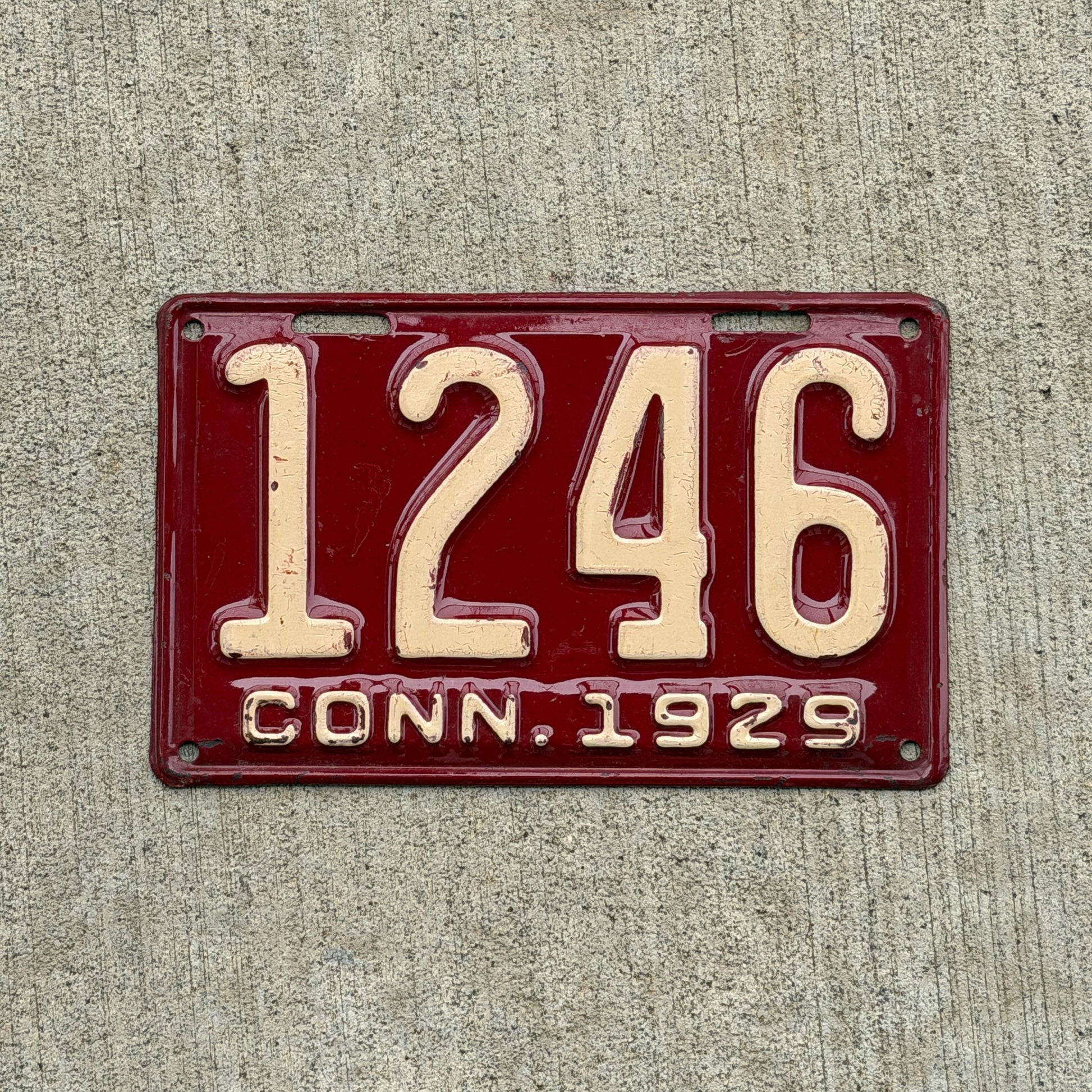 Photo of a 1929 Connecticut License Plate Auto Tag Garage Decor Vintage Low Number Four Digit 1246 with original patina
