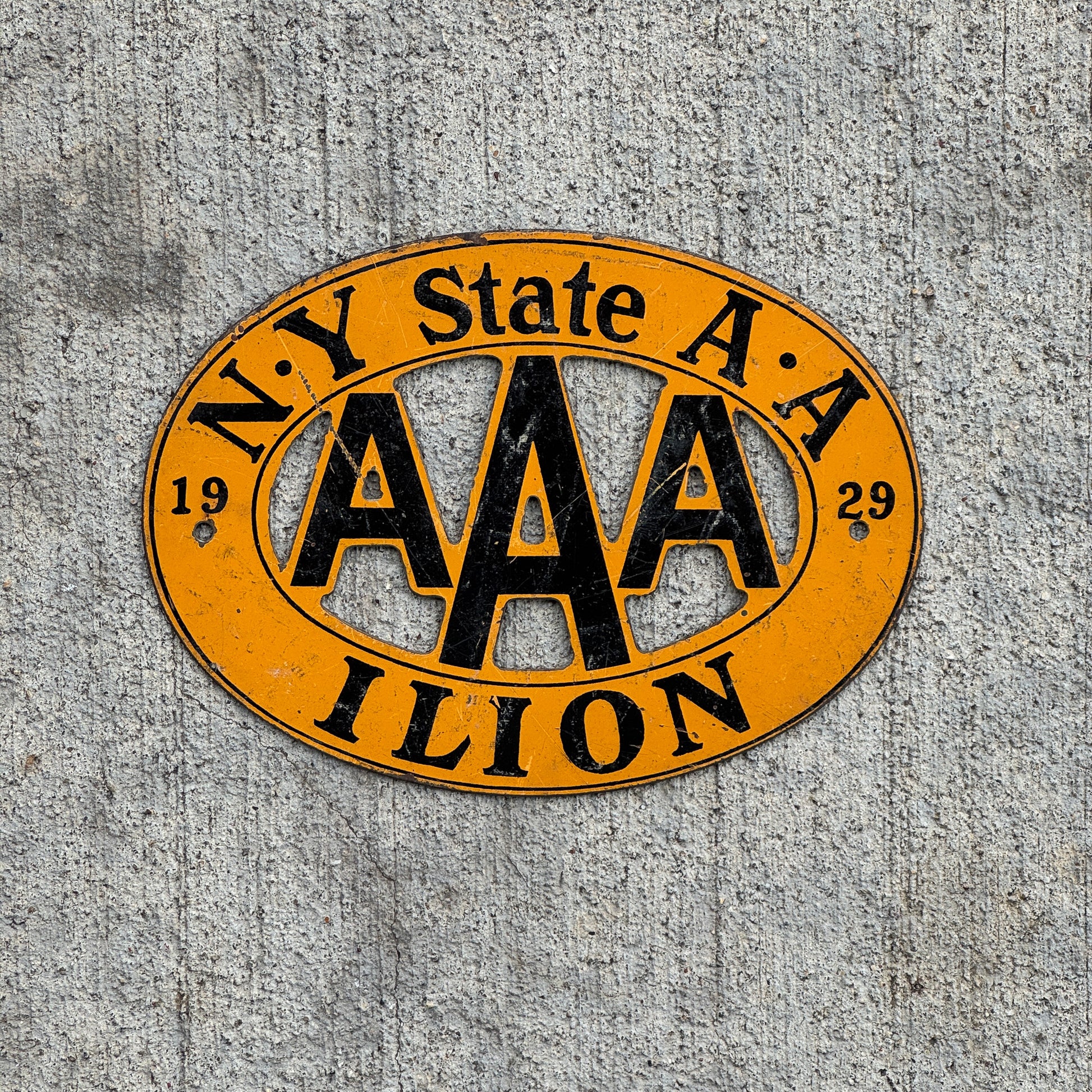 Photo of a 1929 Ilion New York Badge Emblem License Plate Topper Auto Tag Garage Decor Vintage AAA with original patina
