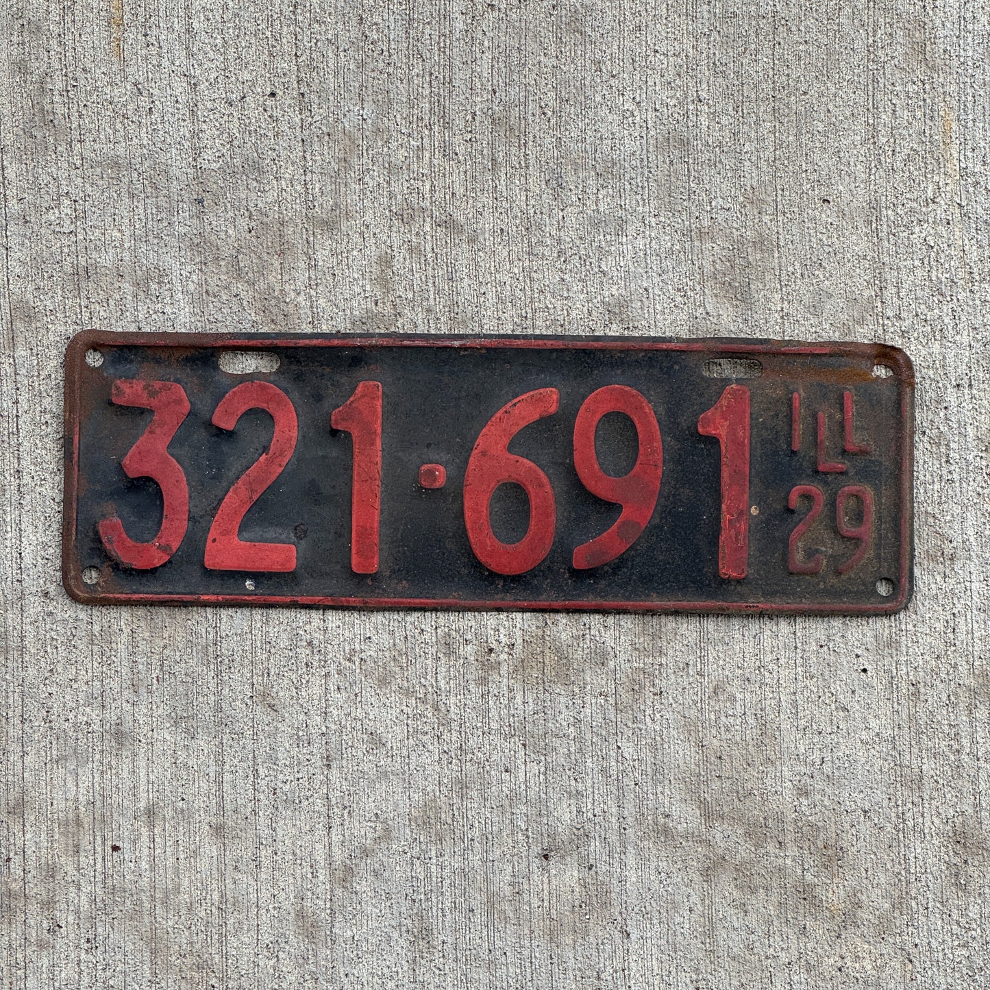 Photo of a 1929 Illinois License Plate Auto Tag Garage Decor Vintage Chicago Area Code Ford Model A Year 321 691 with original patina