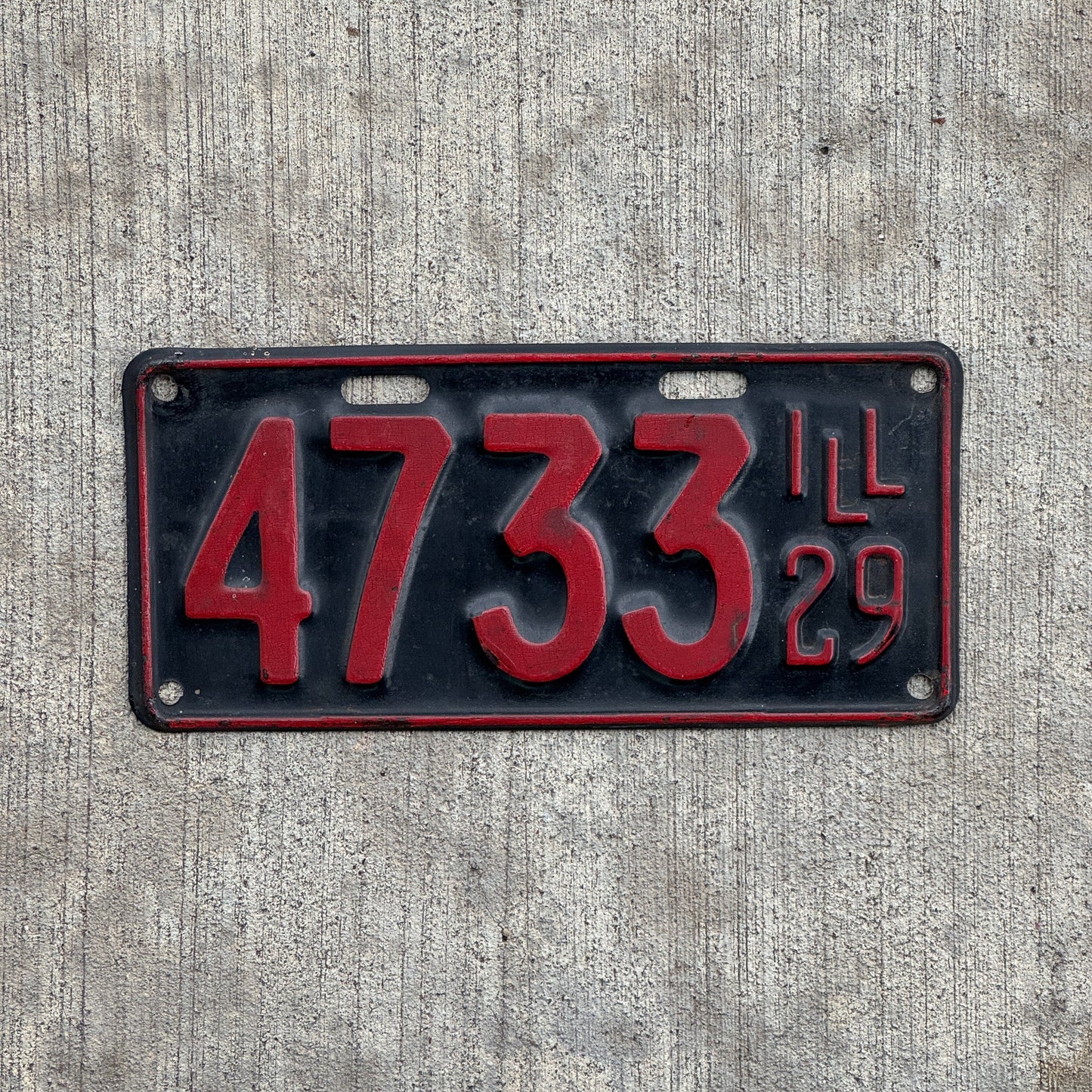 Photo of a 1929 Illinois License Plate Auto Tag Garage Decor Vintage Low Number Four Digit 4733 with original patina