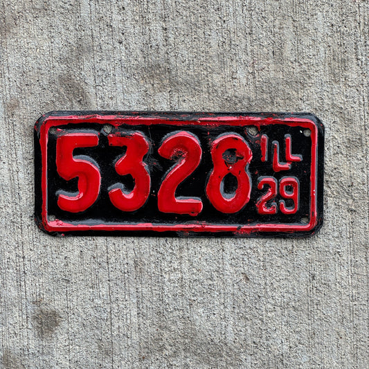 Photo of a 1929 Illinois Motorcycle License Plate Auto Tag Garage Decor Vintage Low Number Four Digit 5328 with original patina