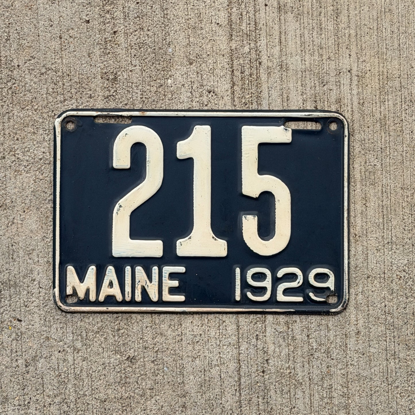 Photo of a 1929 Maine License Plate Auto Tag Garage Decor Vintage Low Number Three Digit 215 with original patina