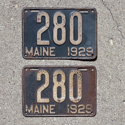Photo of a 1929 Maine License Plate Pair Auto Tag Garage Decor Vintage Ford Model A Year Low Number Three Digit 280 with original patina