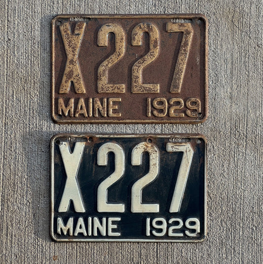 Photo of a 1929 Maine Truck License Plate Pair Auto Tag Garage Decor Vintage Ford Model A Year Low Number Three Digit X 227 with original patina