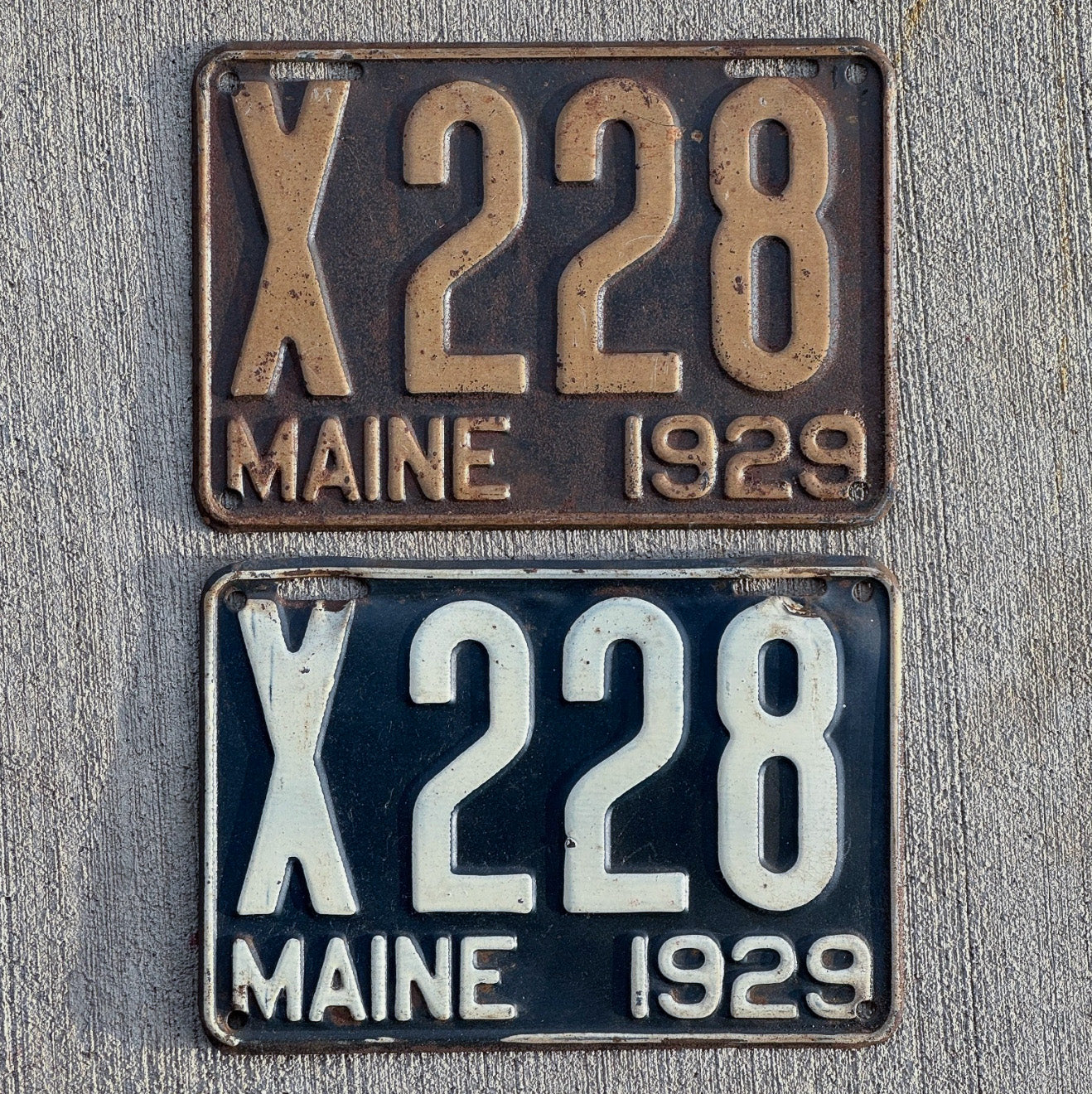 Photo of a 1929 Maine Truck License Plate Pair Auto Tag Garage Decor Vintage Ford Model A YearLow Number Three Digit X 228 with original patina