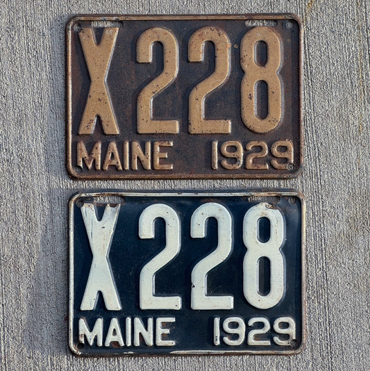Photo of a 1929 Maine Truck License Plate Pair Auto Tag Garage Decor Vintage Ford Model A YearLow Number Three Digit X 228 with original patina