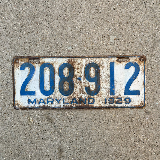 Photo of a 1929 Maryland License Plate Auto Tag Garage Decor Vintage 208 912 with original patina