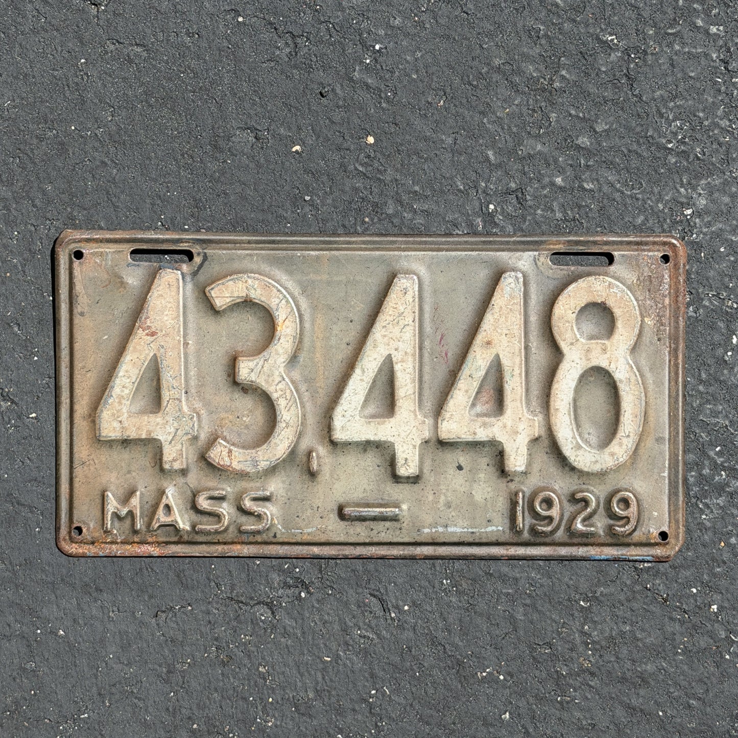 Photo of a 1929 Massachusetts License Plate Auto Tag Garage Decor Vintage Ford Model A Year 43448 with original patina