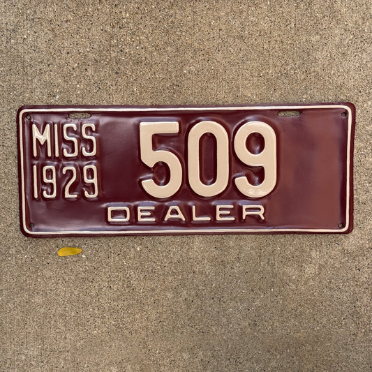 Photo of a 1929 Mississippi Dealer License Plate Auto Tag Garage Decor Vintage 509 with original patina