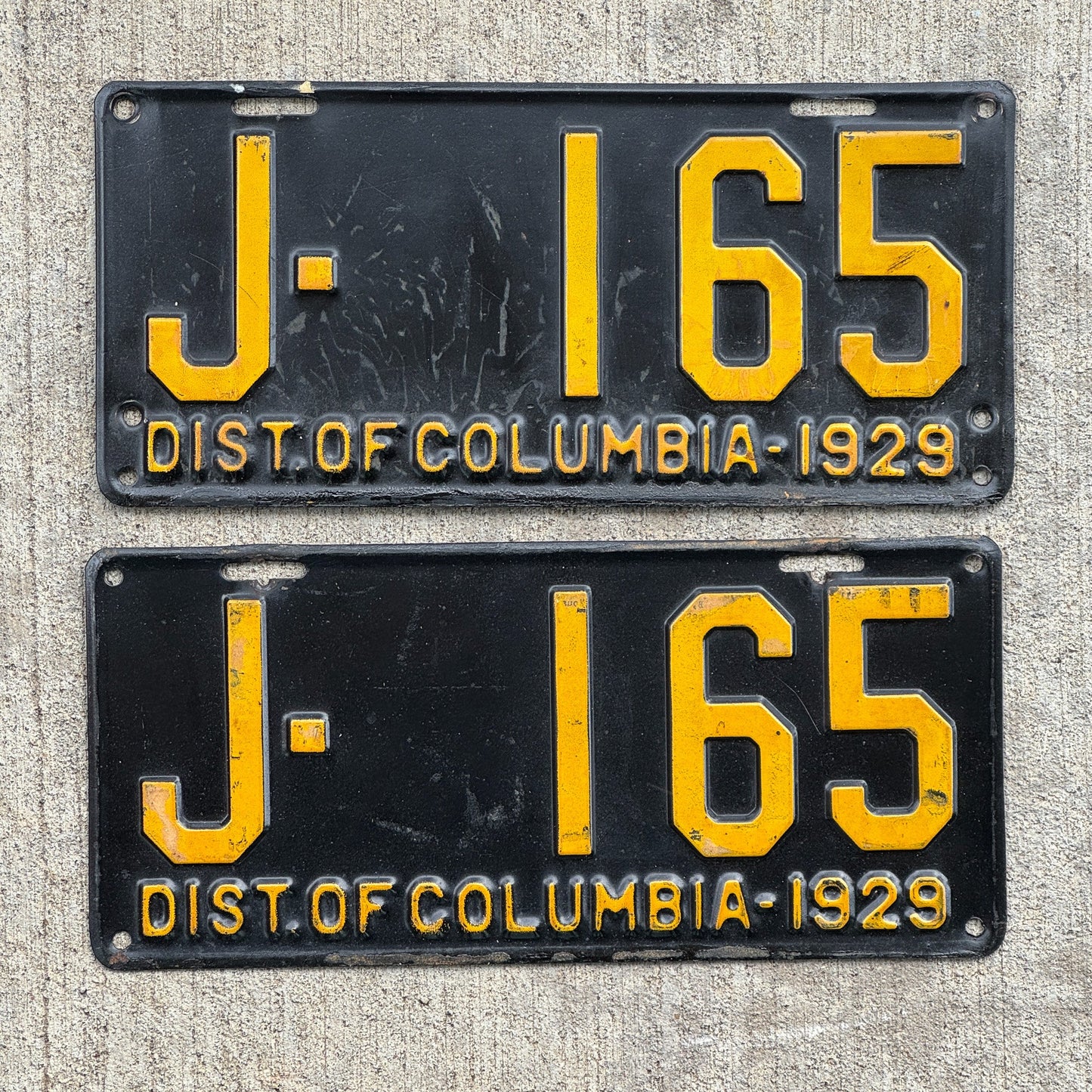 Photo of a 1929 Washington DC License Plate Pair Auto Tag Garage Decor Vintage High Quality Ford Model A Year J 165 with original patina