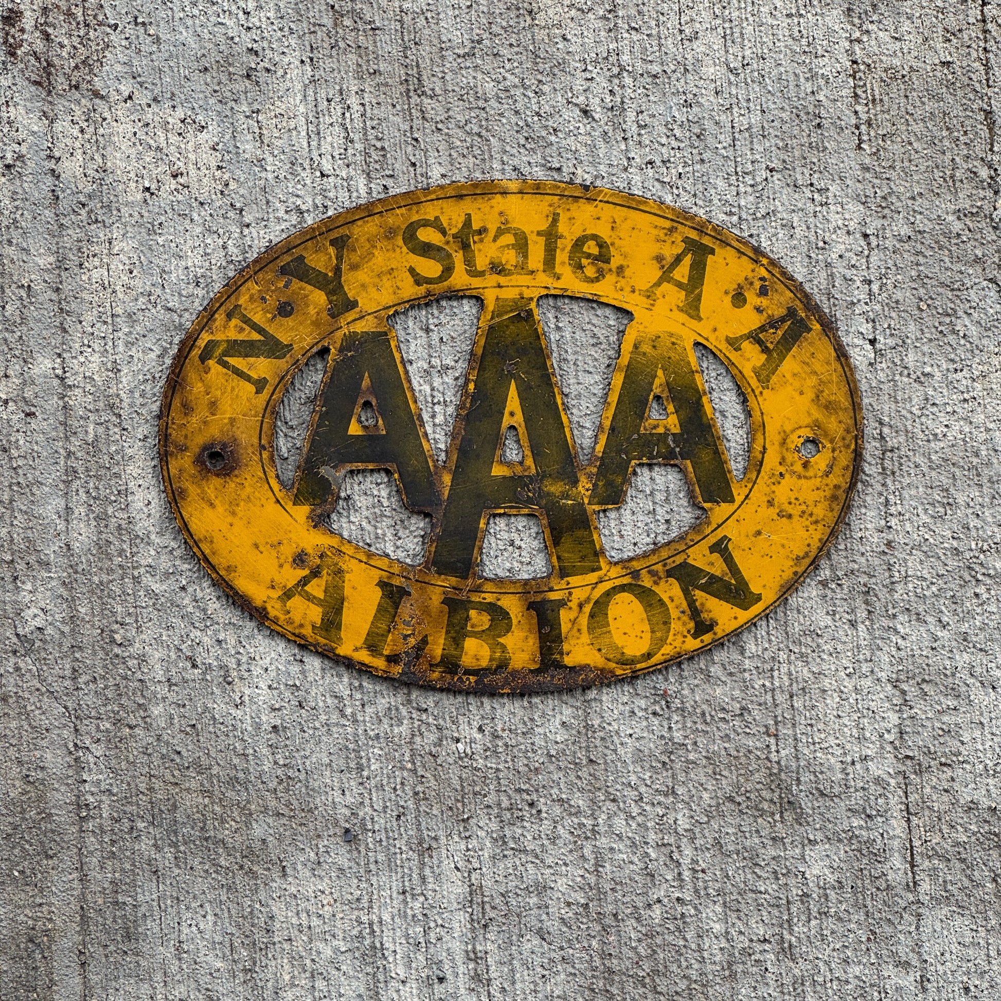 Photo of a 1930 Era Albion New York Badge Emblem License Plate Topper Auto Tag Garage Decor Vintage AAA with original patina