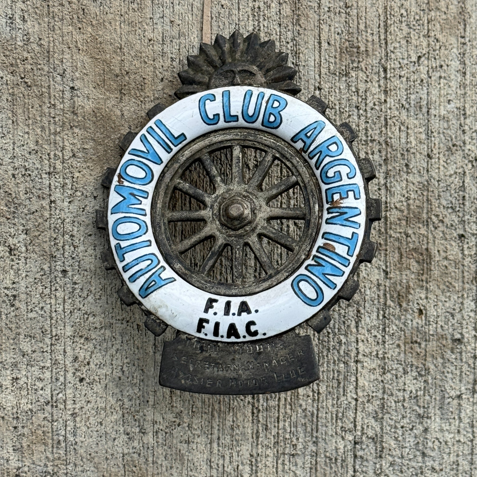 Photo of a 1930 Era Argentine Automobile Club Indiana Porcelain License Plate Topper Auto Tag Garage Decor Vintage Hoosier Motor Club with original patina