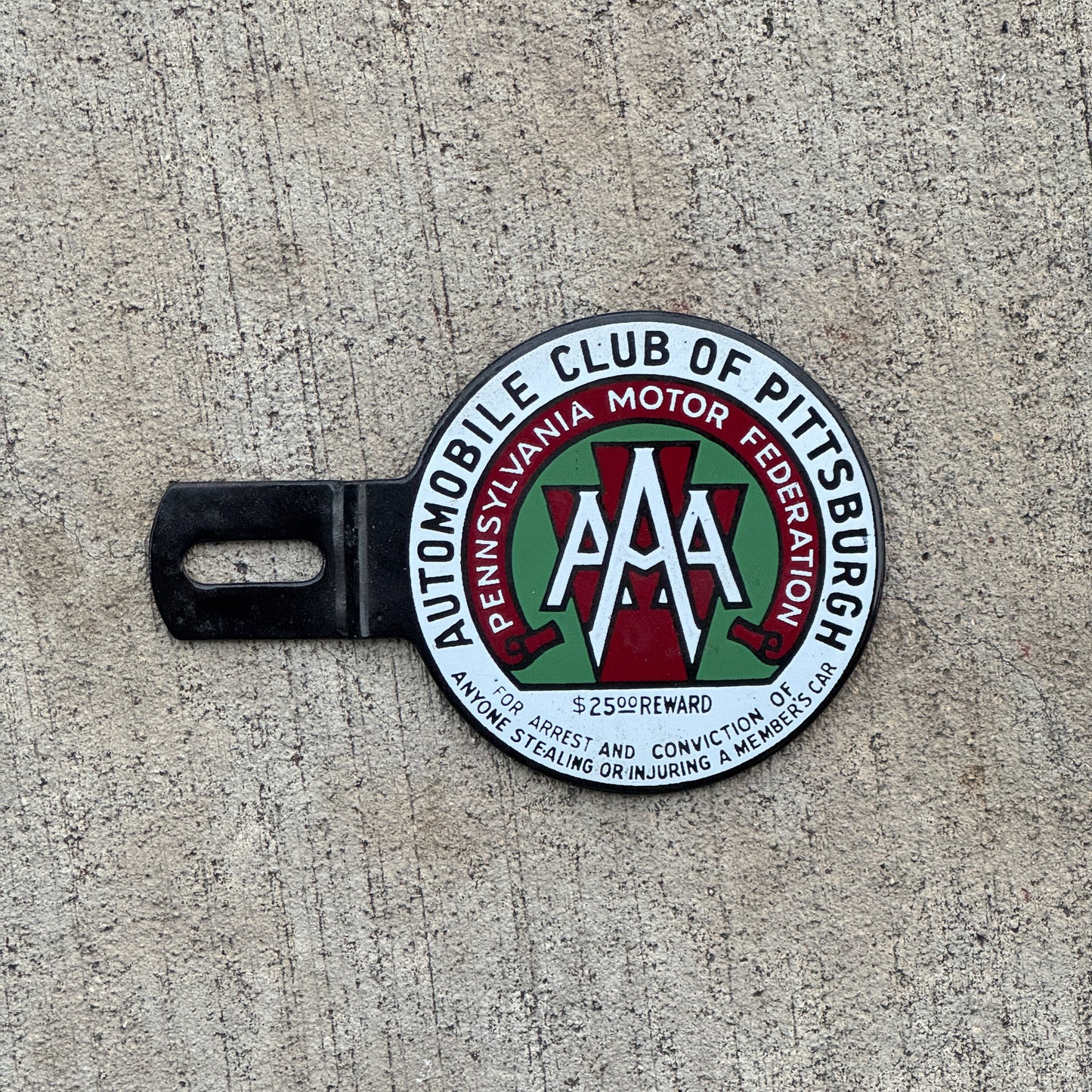 Photo of a 1930 Era Auto Club of Pittsburgh Pennsylvania Porcelain License Plate Topper Auto Tag Garage Decor Vintage AAA with original patina
