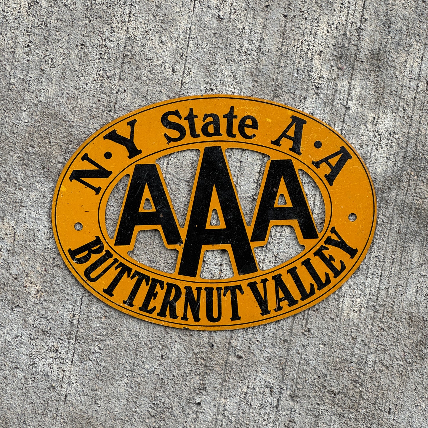 Photo of a 1930 Era Butternut Valley New York Badge Emblem License Plate Topper Auto Tag Garage Decor Vintage AAA with original patina