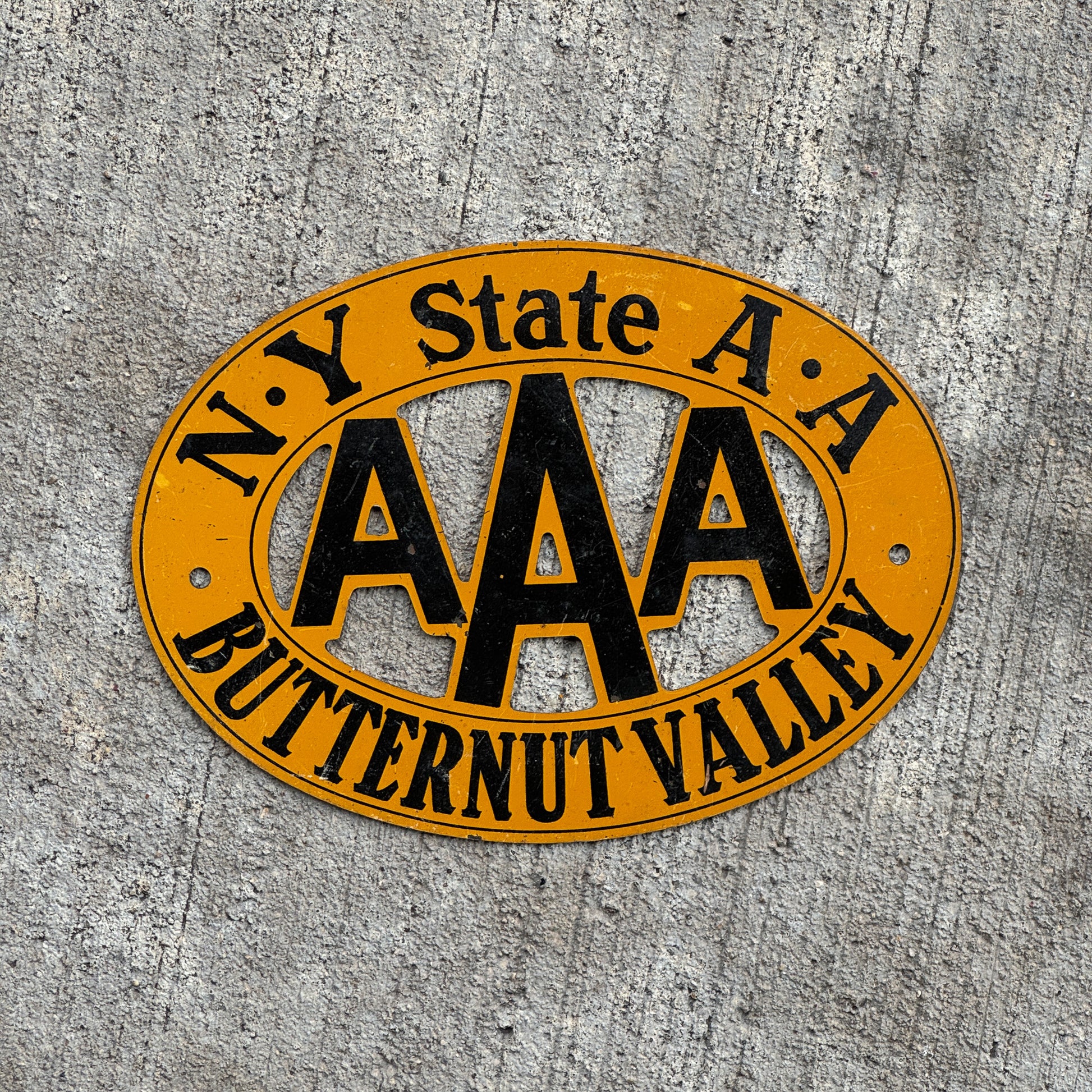 Photo of a 1930 Era Butternut Valley New York Badge Emblem License Plate Topper Auto Tag Garage Decor Vintage AAA with original patina