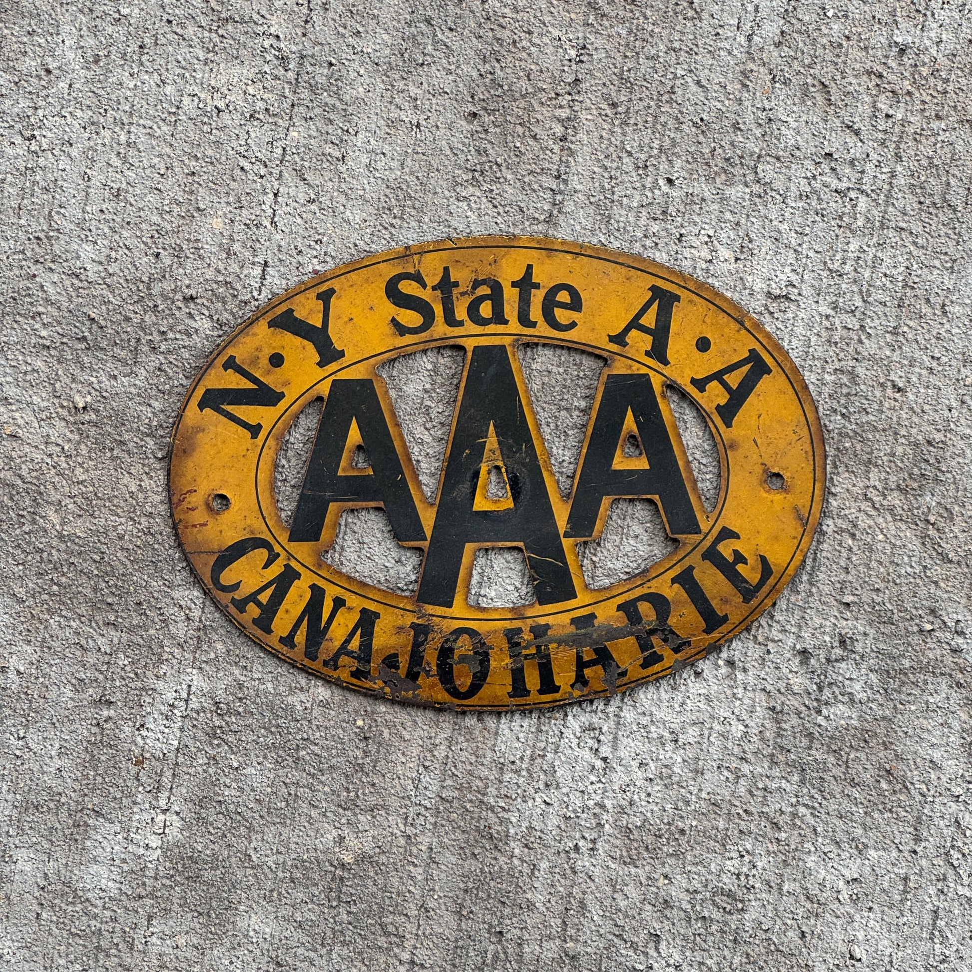 Photo of a 1930 Era Canajoharie New York Badge Emblem License Plate Topper Auto Tag Garage Decor Vintage AAA with original patina