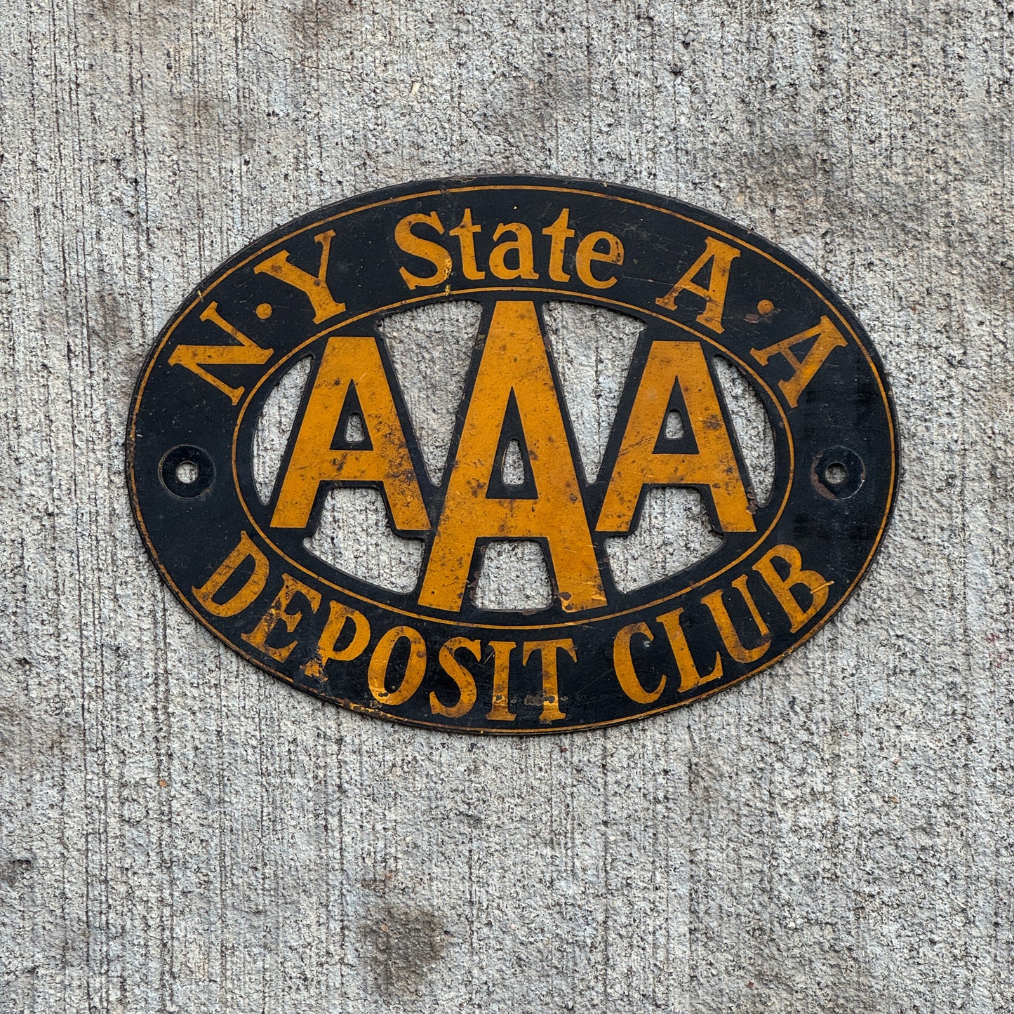 Photo of a 1930 Era Deposit Club New York Badge Emblem License Plate Topper Auto Tag Garage Decor Vintage AAA with original patina