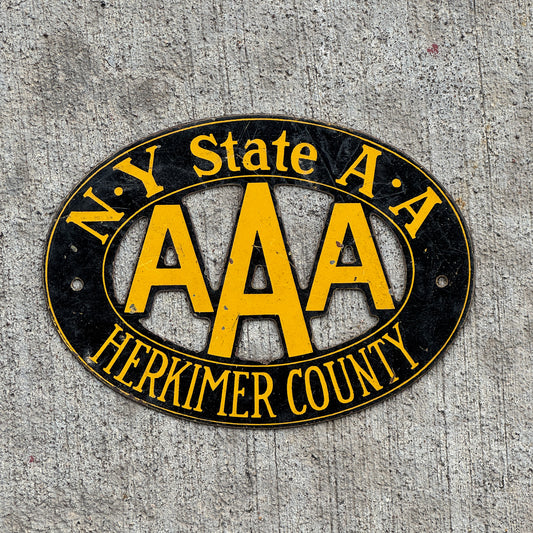 Photo of a 1930 Era Herkerimer County New York Badge Emblem License Plate Topper Auto Tag Garage Decor Vintage AAA with original patina