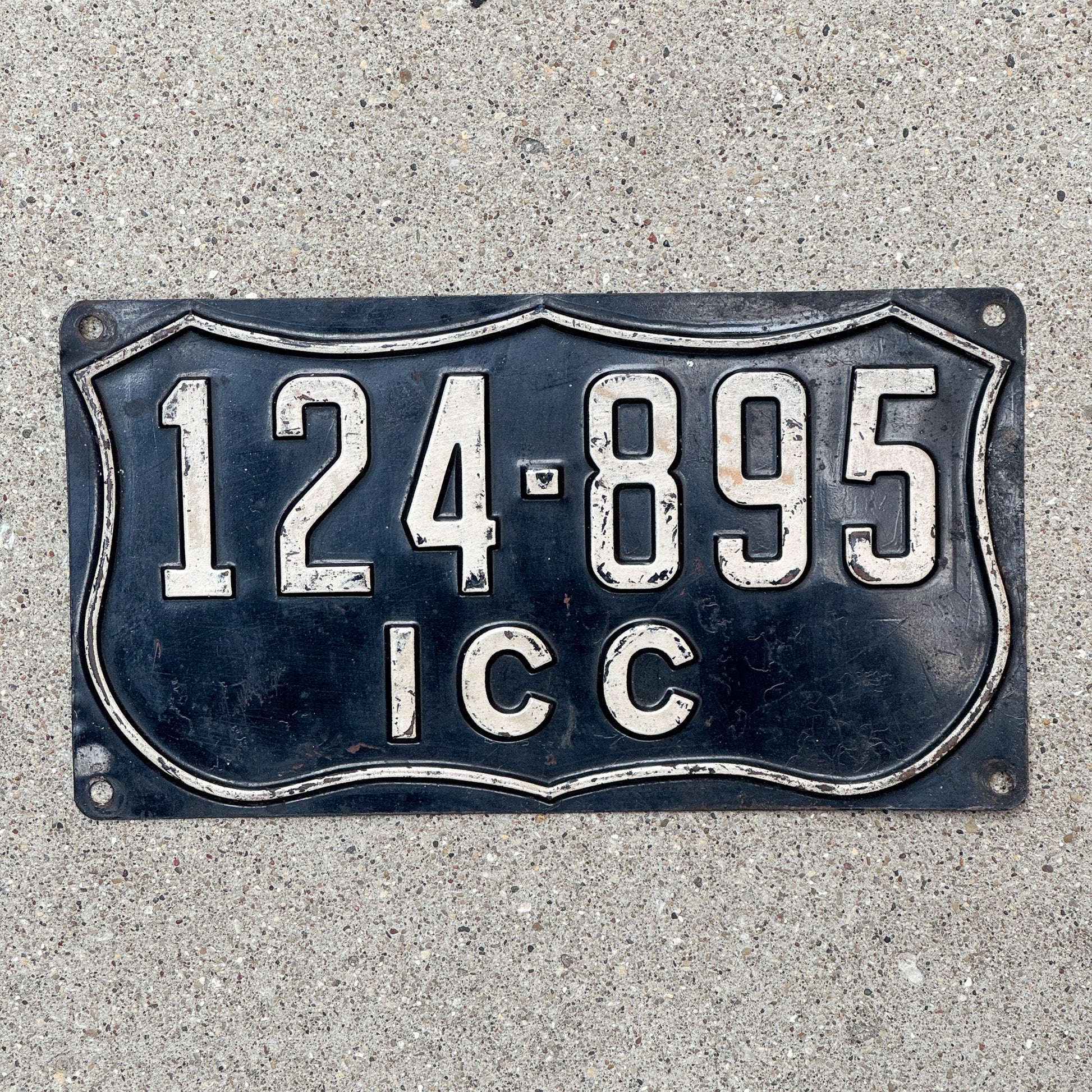 Photo of a 1930 Era Interstate Commerce Commission (ICC) Truck License Plate Auto Tag Garage Decor Vintage 124 895 with original patina