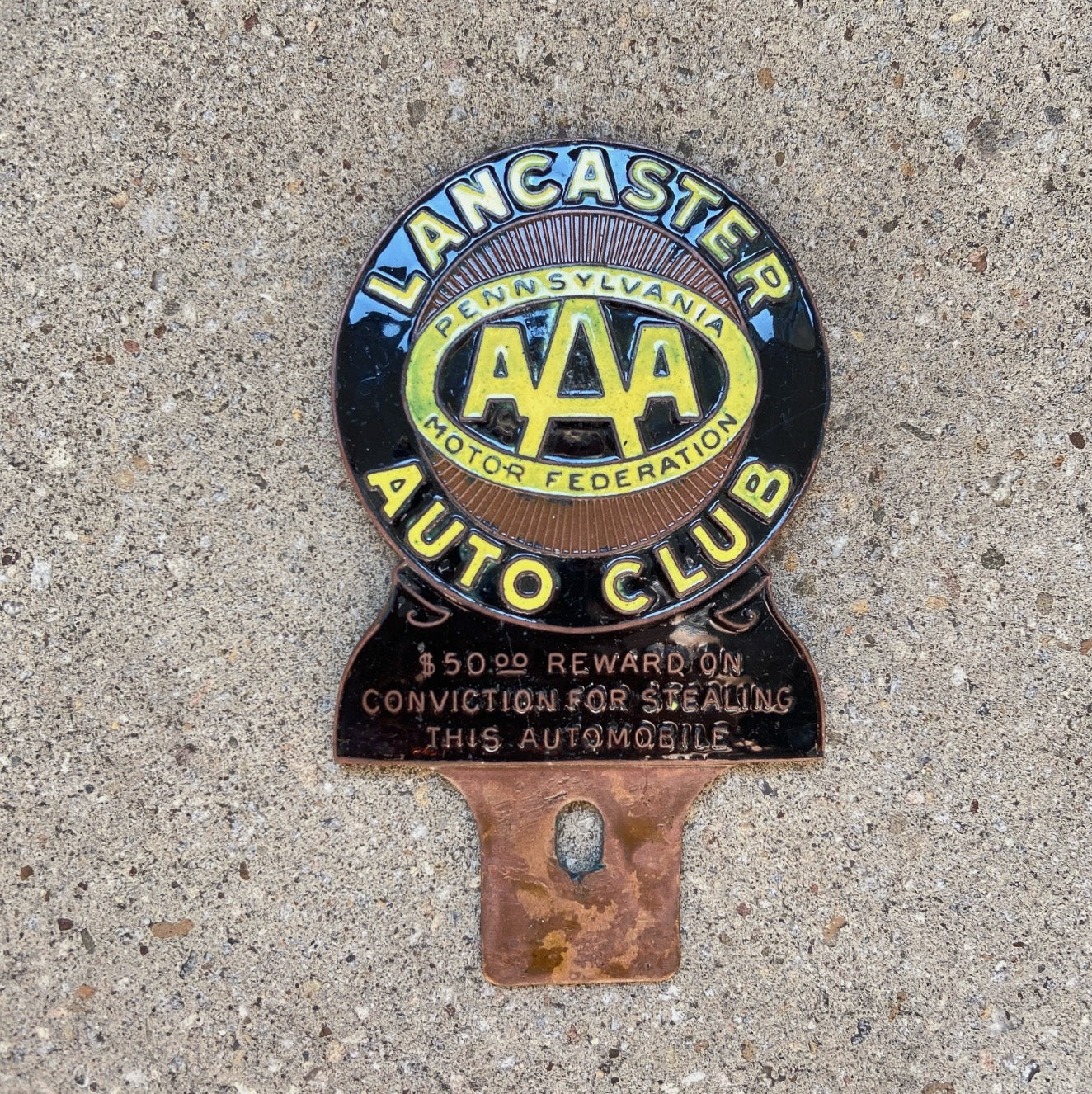 Photo of a 1930 Era Lancaster Pennsylvania Porcelain License Plate Topper Auto Tag Garage Decor Vintage AAA Auto Club Garage with original patina