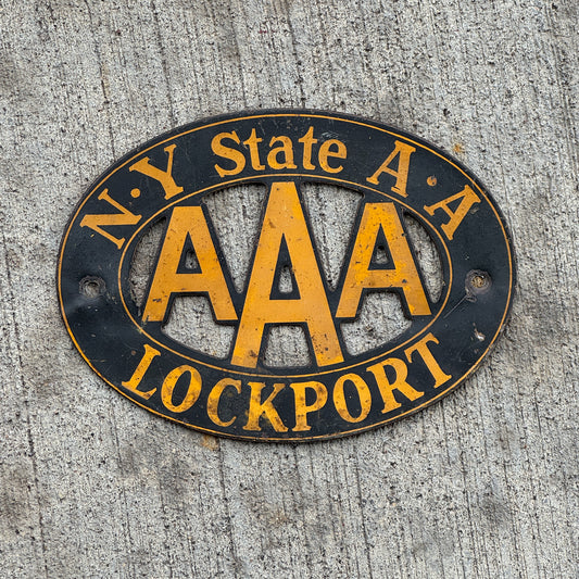 Photo of a 1930 Era Lockport New York Badge Emblem License Plate Topper Auto Tag Garage Decor Vintage AAA with original patina