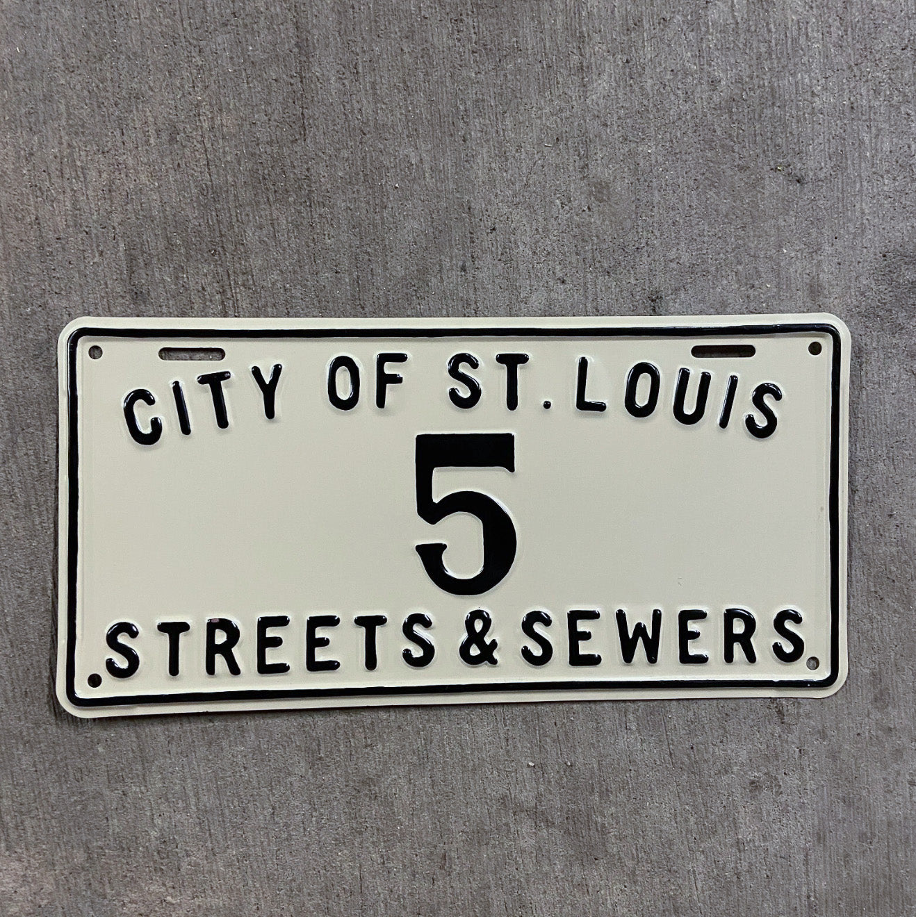 Photo of a 1930 Era Missouri Streets and Sewers License Plate Auto Tag Garage Decor Vintage St. Louis Low Number Single Digit 5 with original patina