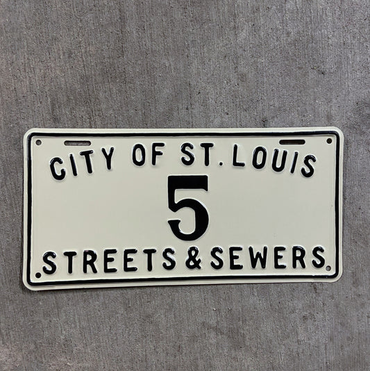 Photo of a 1930 Era Missouri Streets and Sewers License Plate Auto Tag Garage Decor Vintage St. Louis Low Number Single Digit 5 with original patina