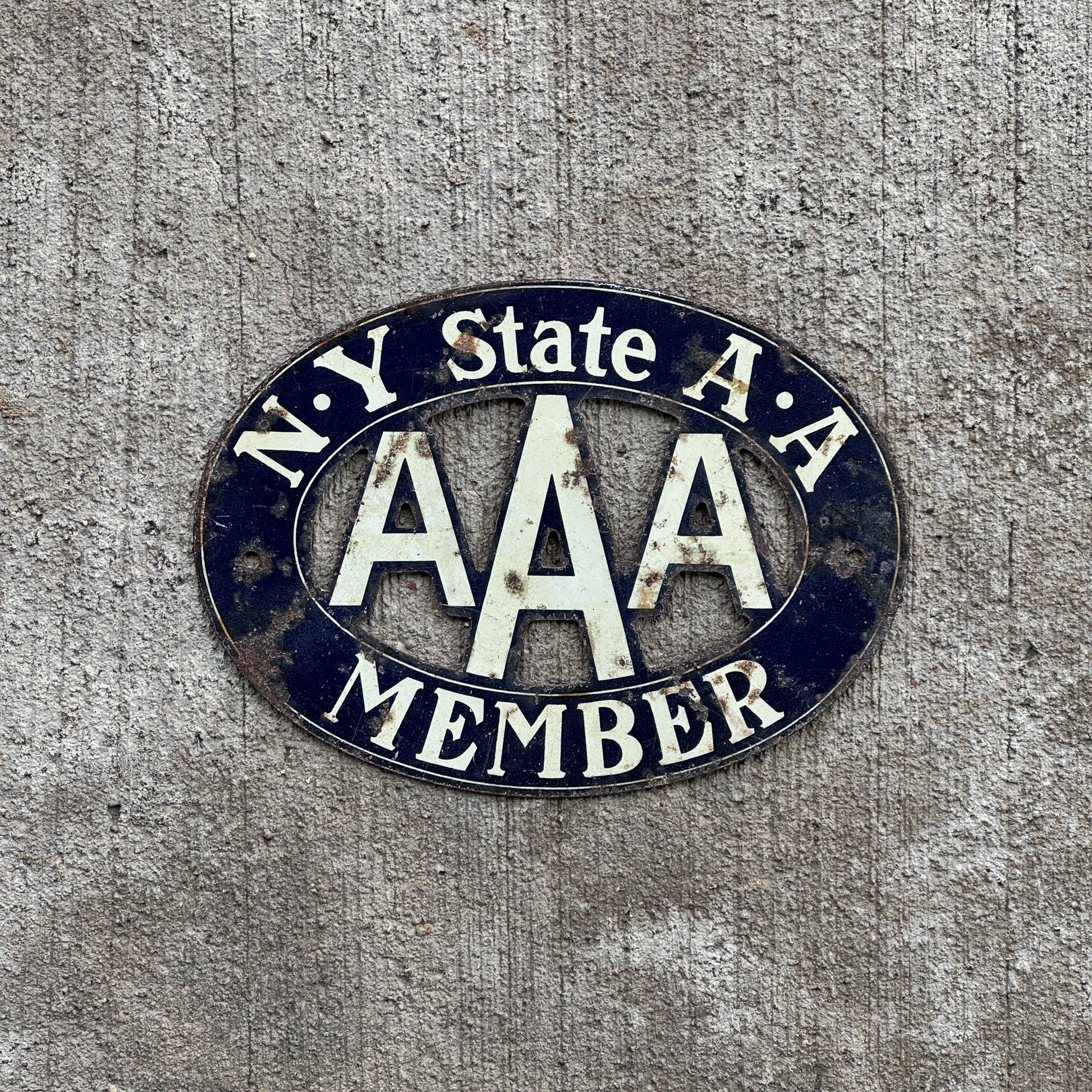 Photo of a 1930 Era New York Badge Emblem License Plate Topper Auto Tag Garage Decor Vintage AAA with original patina