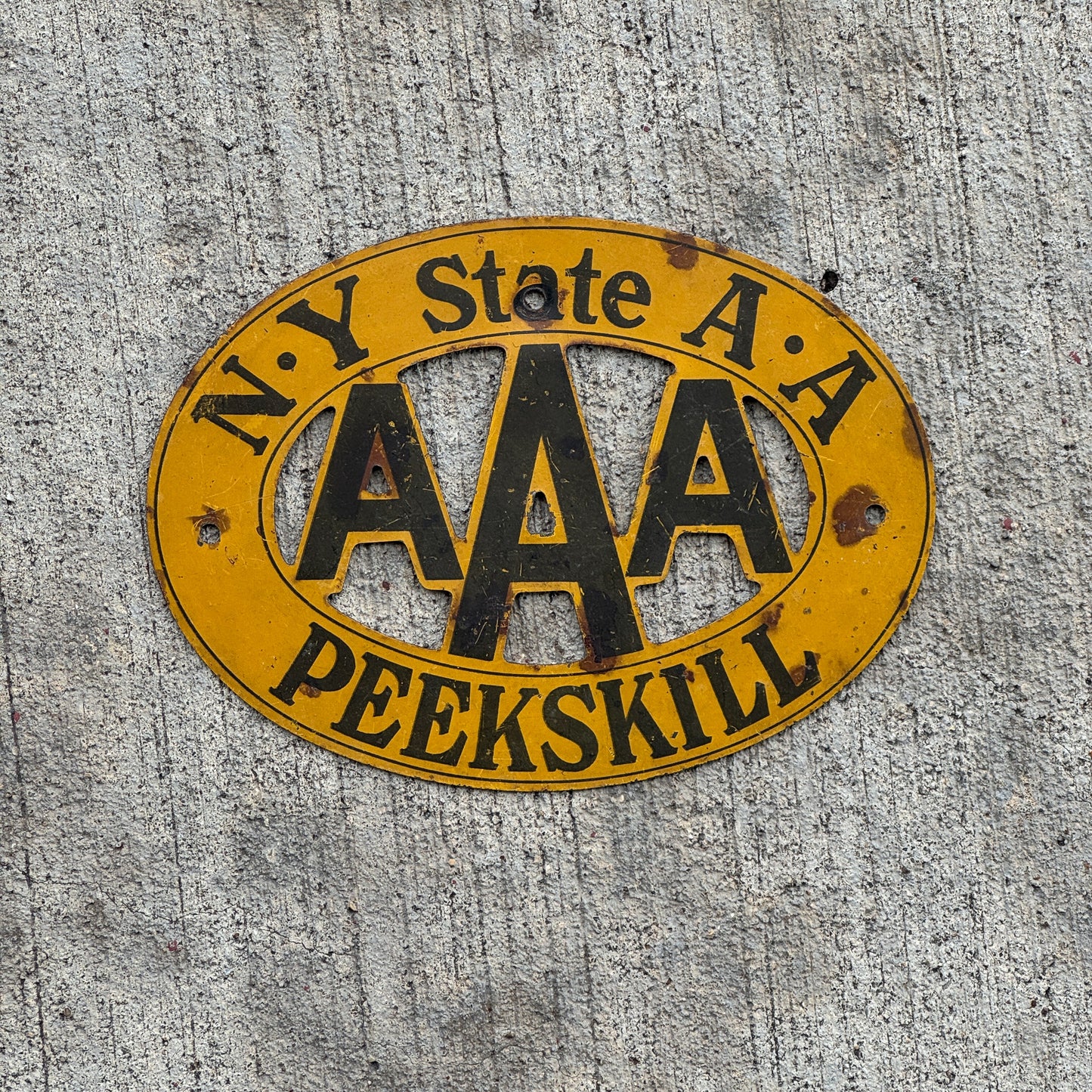 Photo of a 1930 Era Peekskill New York Badge Emblem License Plate Topper Auto Tag Garage Decor Vintage AAA with original patina