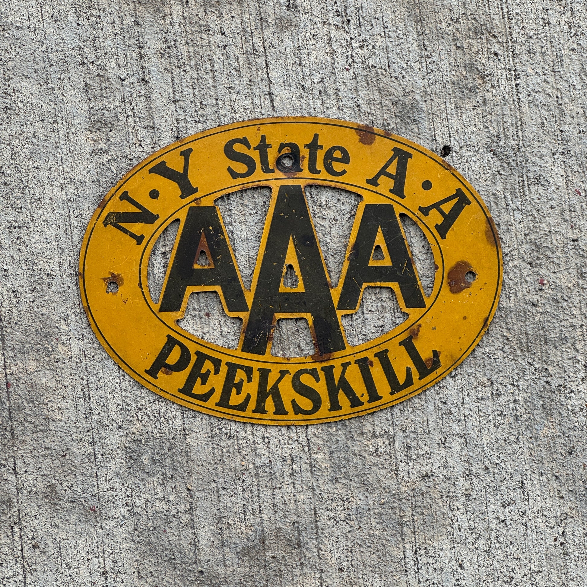 Photo of a 1930 Era Peekskill New York Badge Emblem License Plate Topper Auto Tag Garage Decor Vintage AAA with original patina